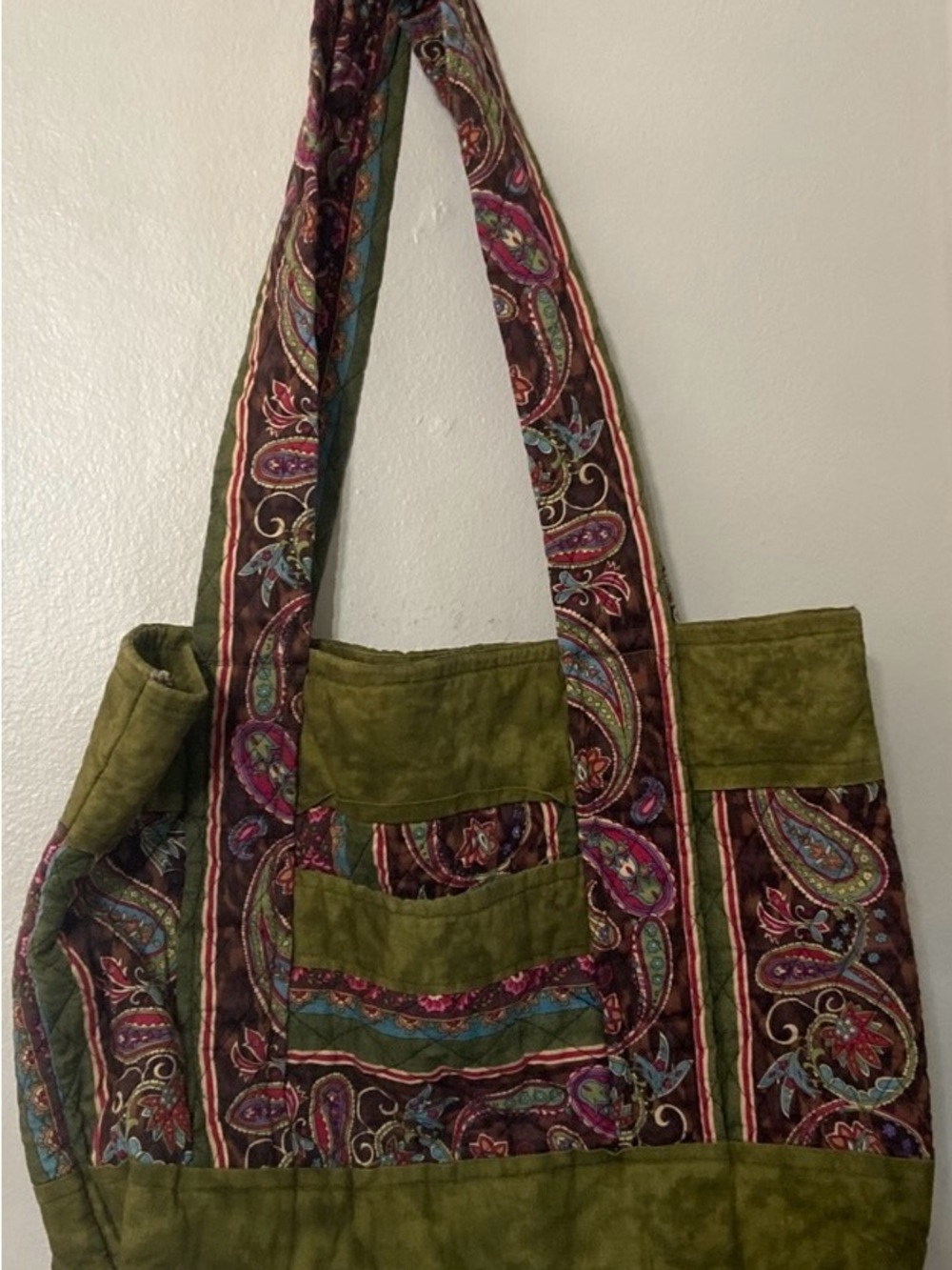 Olive Green Paisley Quilted Tote with Accent Straps